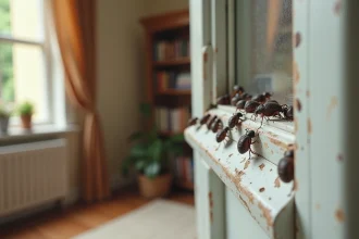 Petites bêtes noires regroupées près d'un cadre de fenêtre en bois à l'intérieur d'une maison