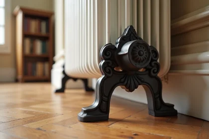 Pied en fonte ornementé style victorien stabilisant un radiateur à colonne blanc sur parquet chêne dans un appartement haussmannien