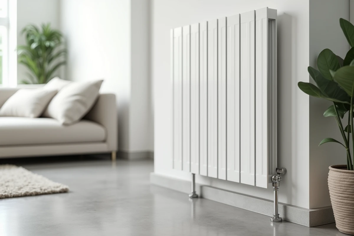 Pied de radiateur en fonte minimaliste géométrique sous radiateur vertical moderne dans salon scandinave béton ciré