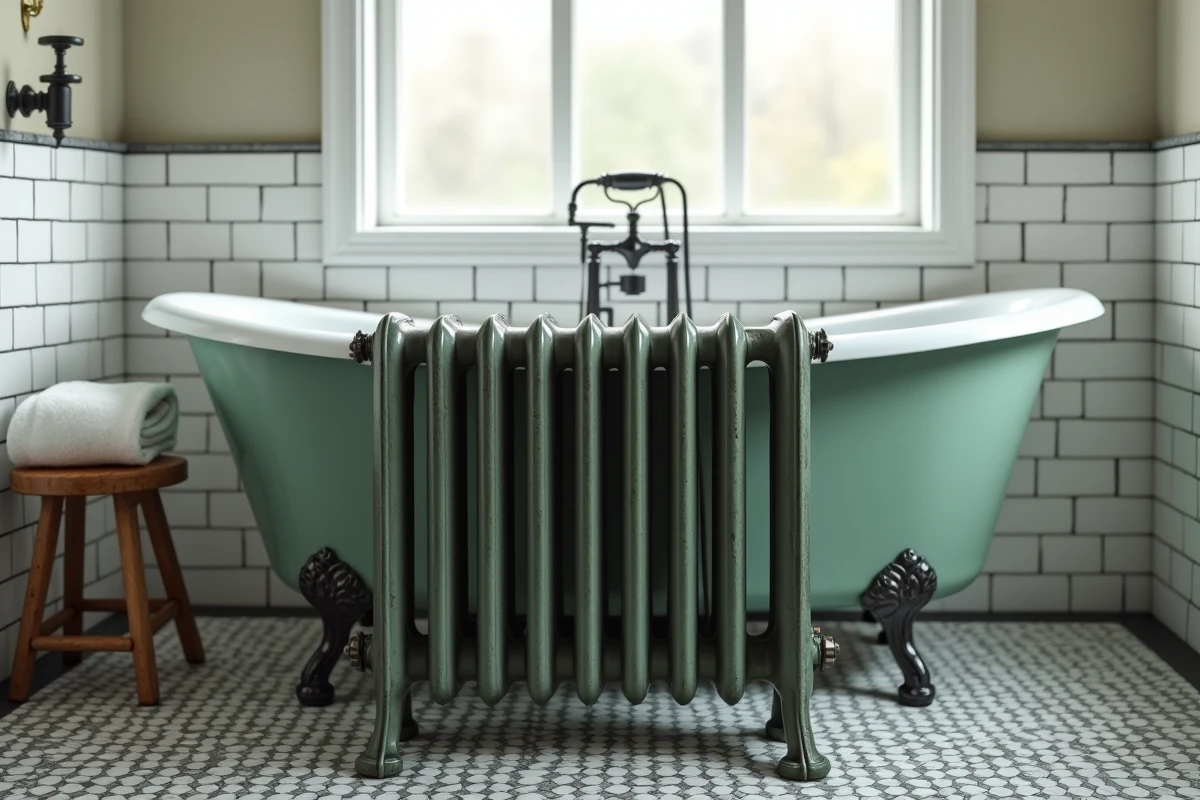 Pieds de radiateur fonte patine verdigris style ancien sous radiateur horizontal dans salle de bain carrelage métro blanc