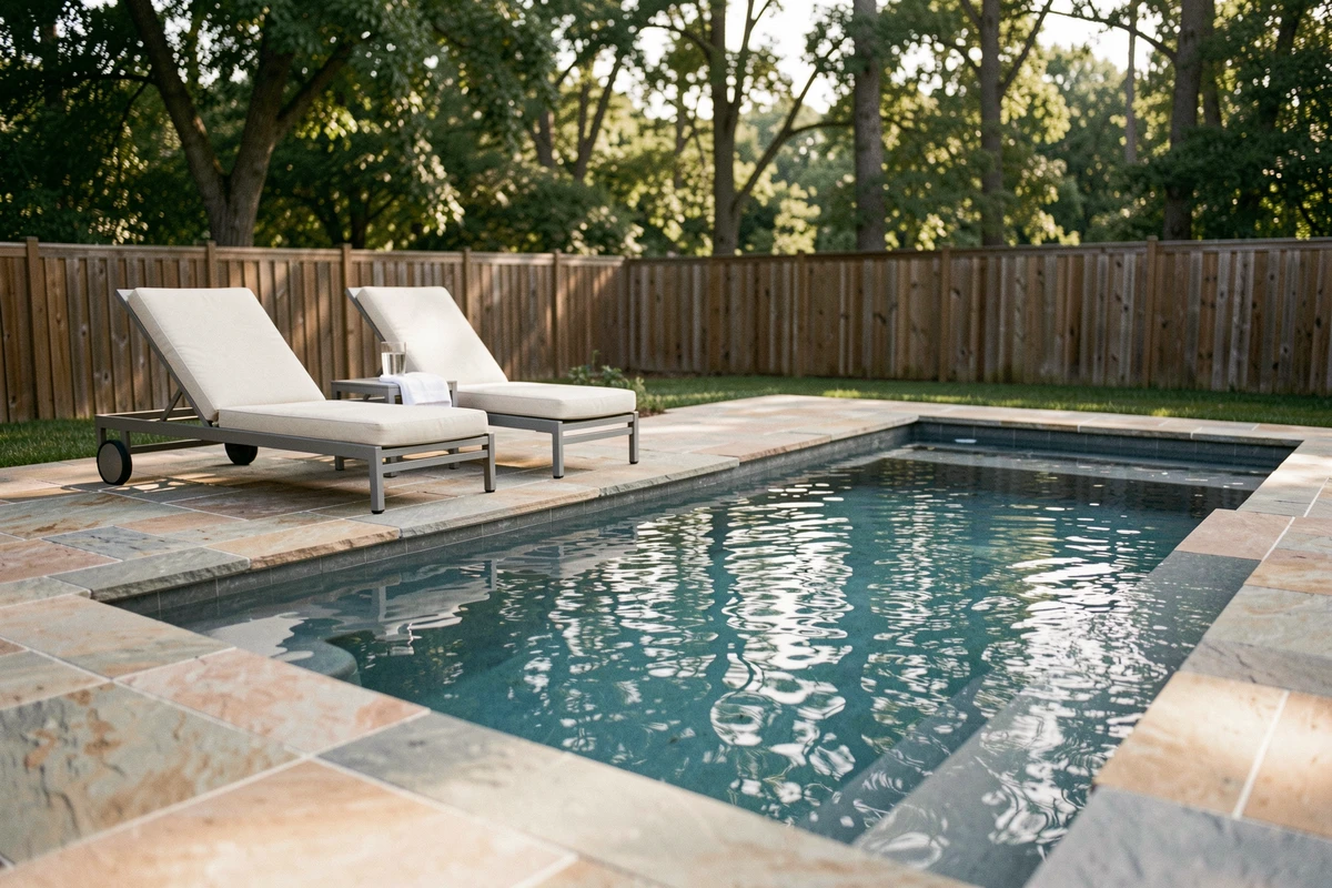 Piscine extérieure rectangulaire moderne avec carrelage en pierre, transats et jardin privé en arrière-plan