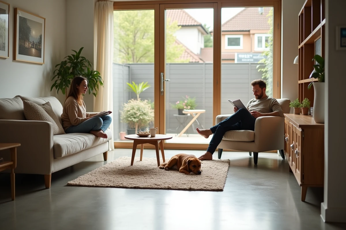 Famille se relaxant dans un salon contemporain équipé d'un plancher chauffant électrique avec sol en béton poli et mobilier scandinave