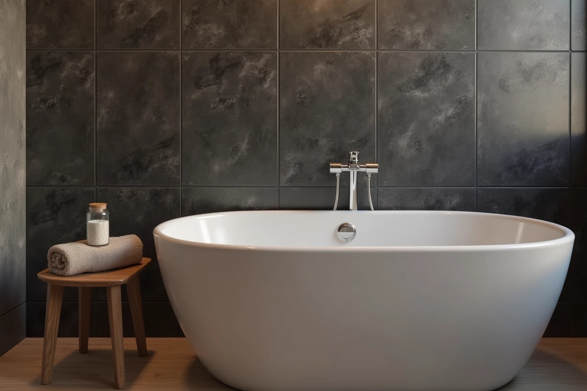 Mur de salle de bain habillé de plaques PVC ardoise anthracite à côté d'une baignoire autoportante blanche avec accessoires en bois naturel