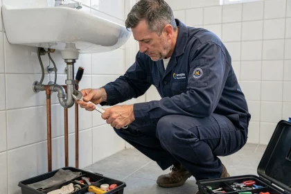 Plombier professionnel en intervention dans une salle de bain moderne à Montpellier