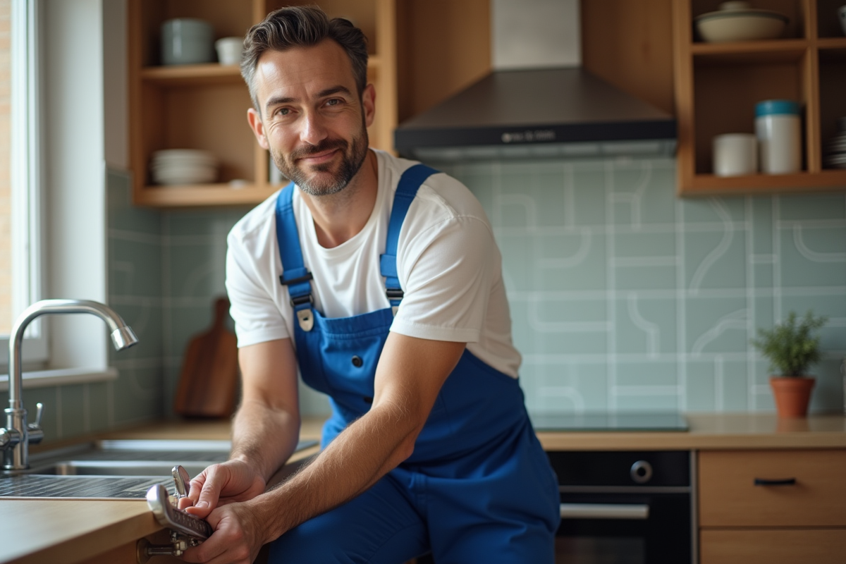 Plombier homme d'âge moyen répare un tuyau sous évier