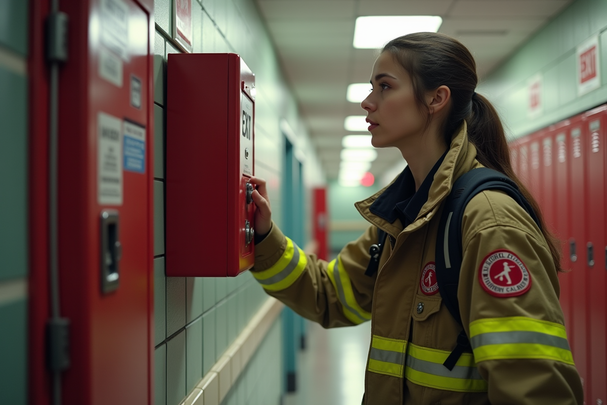 Jeune pompière ajustant un panneau d