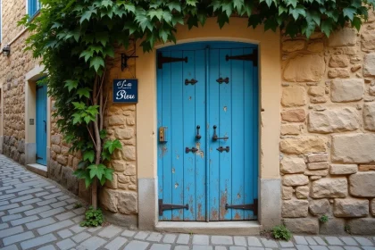 Porte bleue ancienne en bois sur une ruelle pavée d'un village français typique avec un panneau À La Porte Bleu