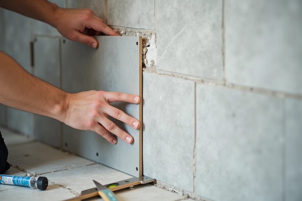 Pose de plaques PVC sur carrelage existant dans une salle de bain en rénovation, avec outil et joints visibles illustrant une installation sans gros travaux