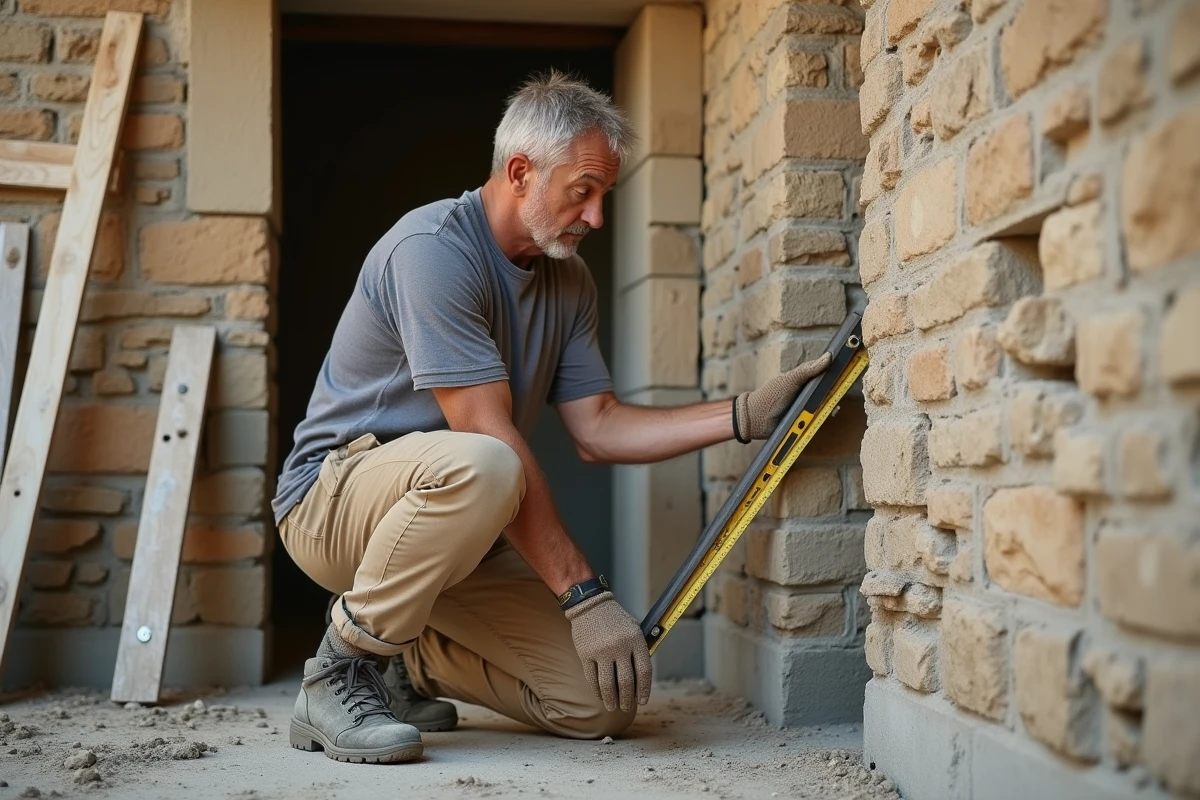 Artisan mesurant un encadrement de porte en pierre irrégulier lors de la pose d'une porte d'entrée sur ancien bâti