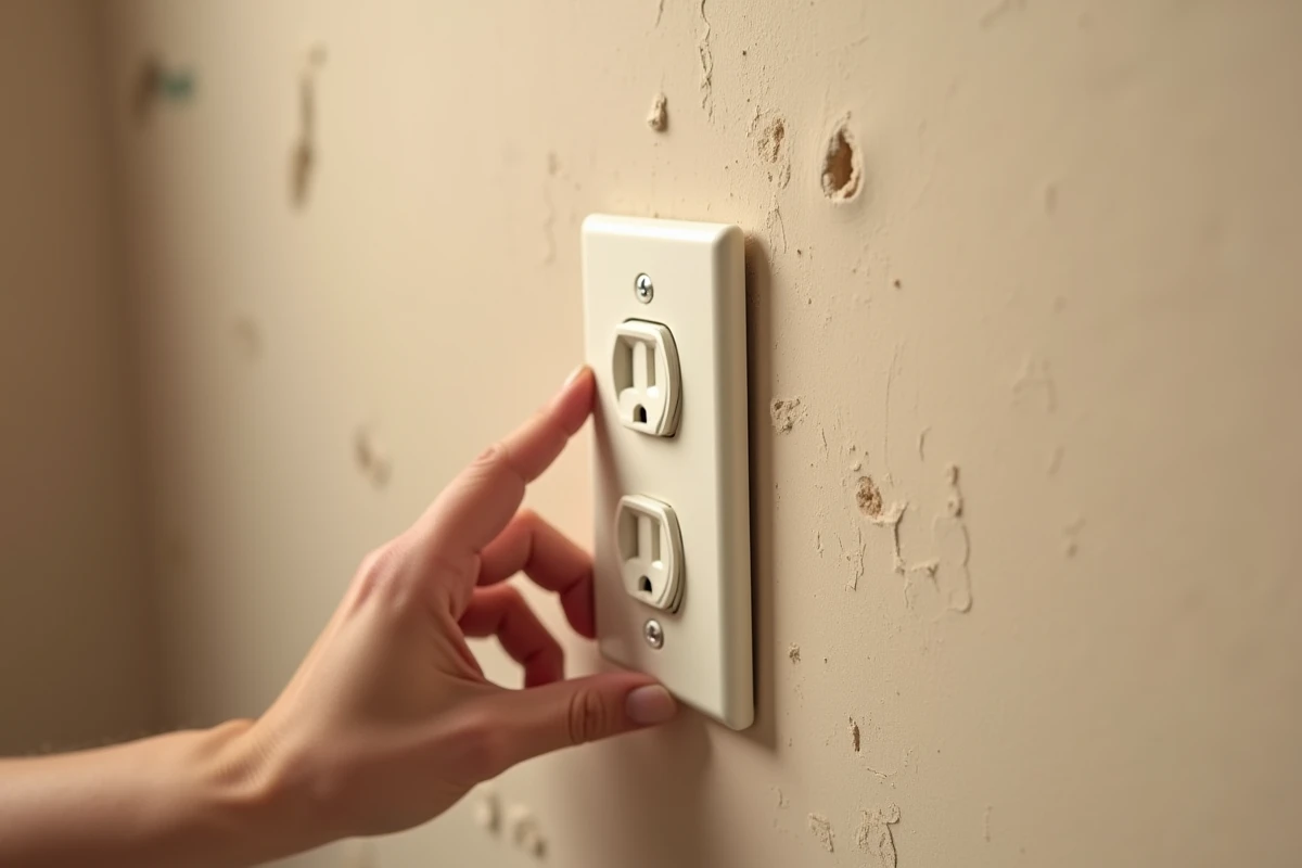 Pose d'une prise double Legrand finition ivoire sur un mur lors de rénovation intérieure