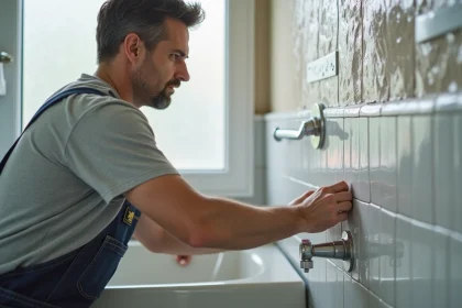 Hommes posant des carreaux de salle de bain avec pr&eacute;cision