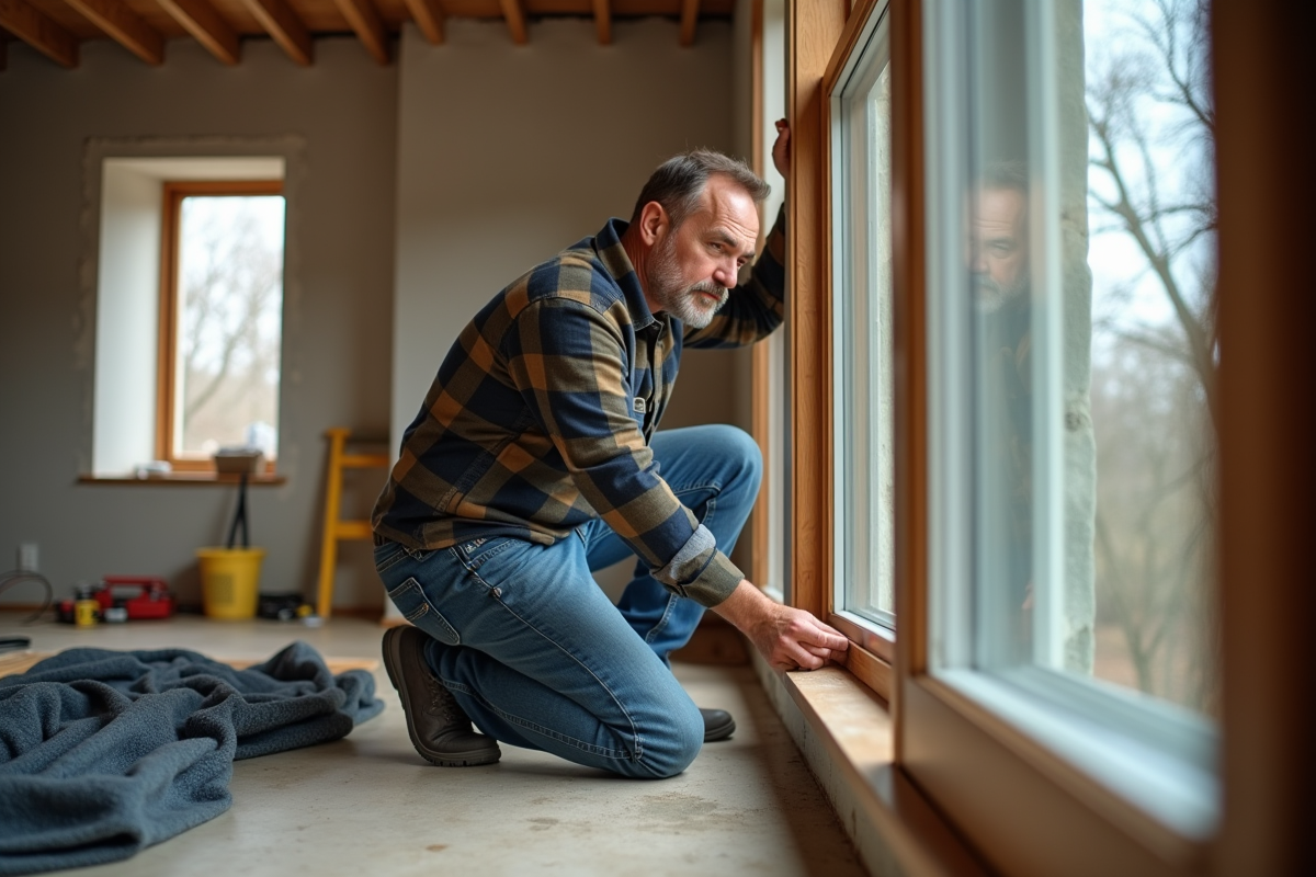 Homme moyenâgeux posant une grande fenêtre dans un cadre en bois