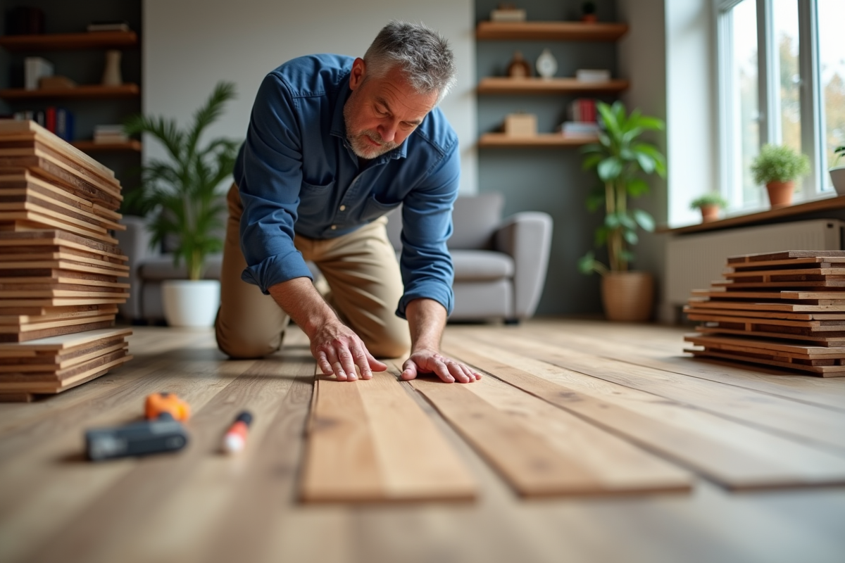 Homme posant du parquet dans un salon moderne