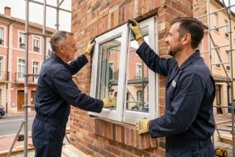 Deux poseurs de fenêtres professionnels installant un cadre en double vitrage sur un bâtiment en brique rose typique de la Haute-Garonne