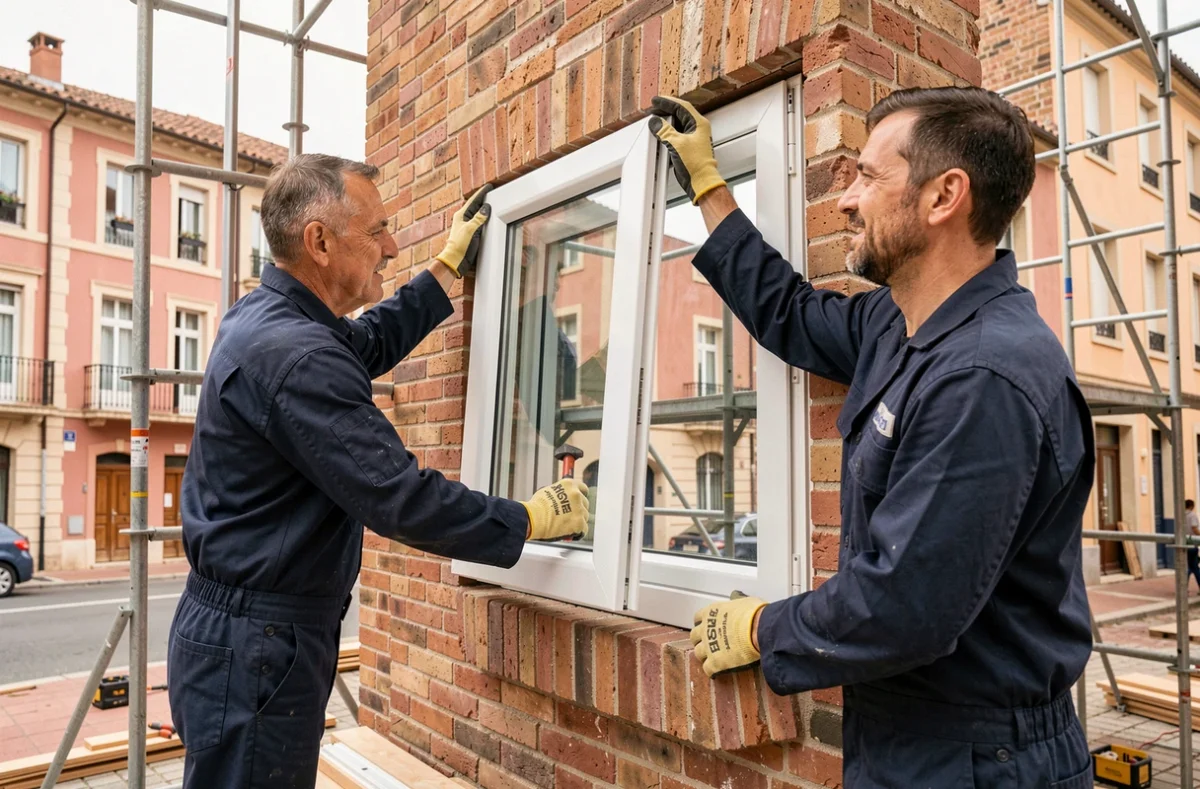 Deux poseurs de fenêtres professionnels installant un cadre en double vitrage sur un bâtiment en brique rose typique de la Haute-Garonne