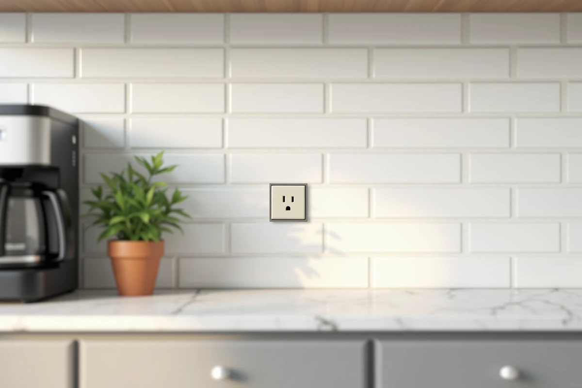 Prise électrique encastrée discrète ivoire sur carrelage blanc de cuisine avec plan de travail en marbre