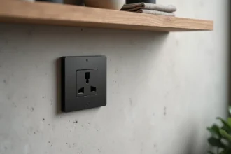 Prise électrique design noire mat intégrée dans un mur en plâtre gris clair avec étagère en bois minimaliste