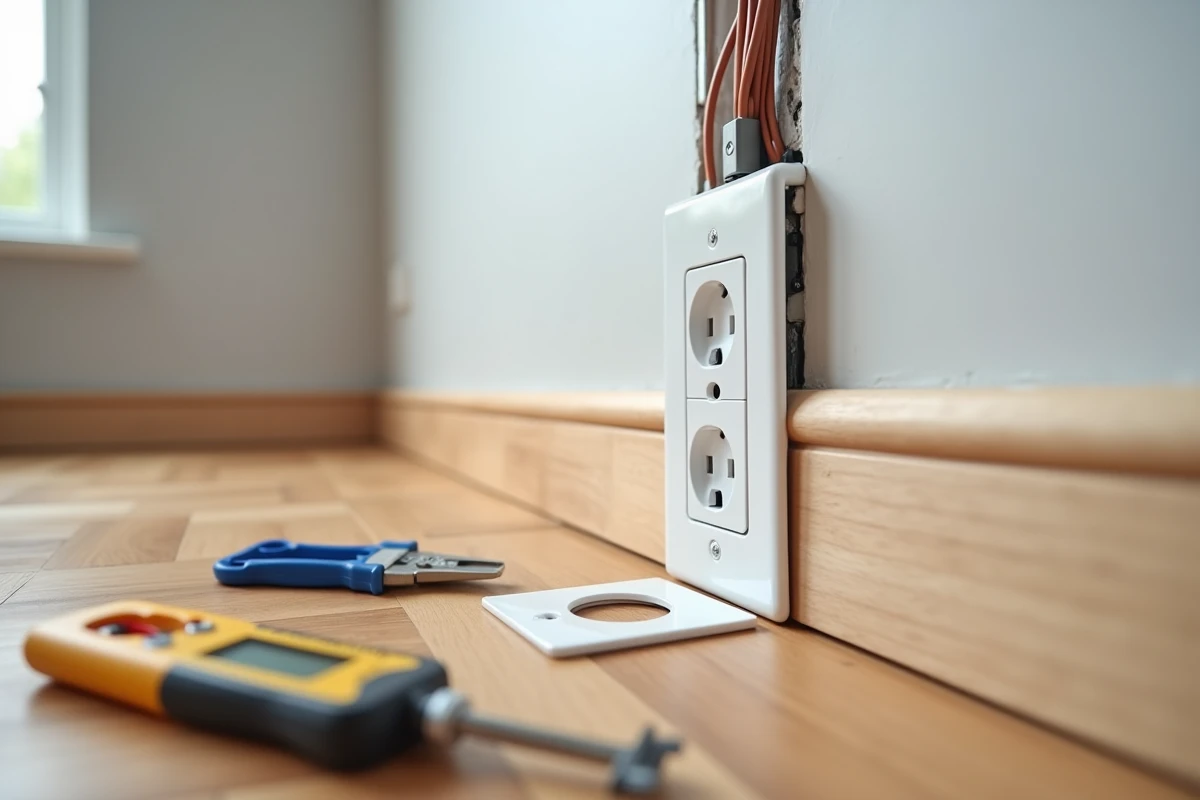 Gros plan sur une prise électrique pour goulotte en cours d'installation avec câblage apparent et outils de electricien