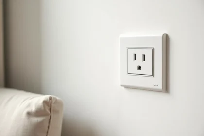 Prise double Legrand blanche encastrée dans un mur de salon moderne, finition mate contemporaine