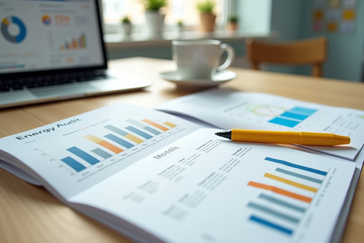 Rapport d'audit énergétique ouvert sur un bureau avec graphiques de consommation et annotations manuscrites