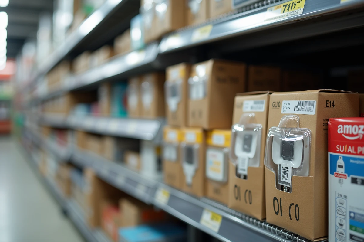 Rayon de magasin bricolage avec rangées de petites ampoules pour spots et lampes design classées par type de culot