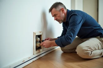 Électricien remplaçant une ancienne prise murale par une prise adaptée à une goulotte électrique dans un salon résidentiel