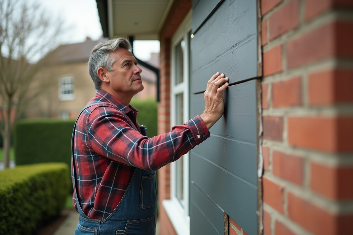 Homme appliquant des panneaux modernes sur une maison en briques