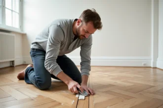 Artisan appliquant du mastic sur un parquet en chêne pour éliminer un grincement avant une vente immobilière