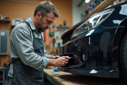 Homme réparant un pare-choc en plastique avec une colle haute performance dans un atelier de garage