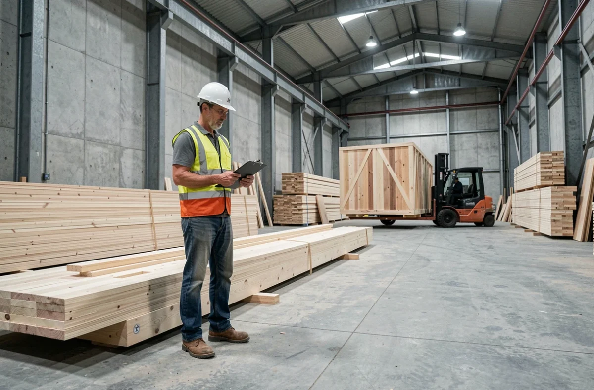 Chef de chantier de Rouzès Occitanie supervisant l'installation de panneaux en bois industriels dans un entrepôt commercial