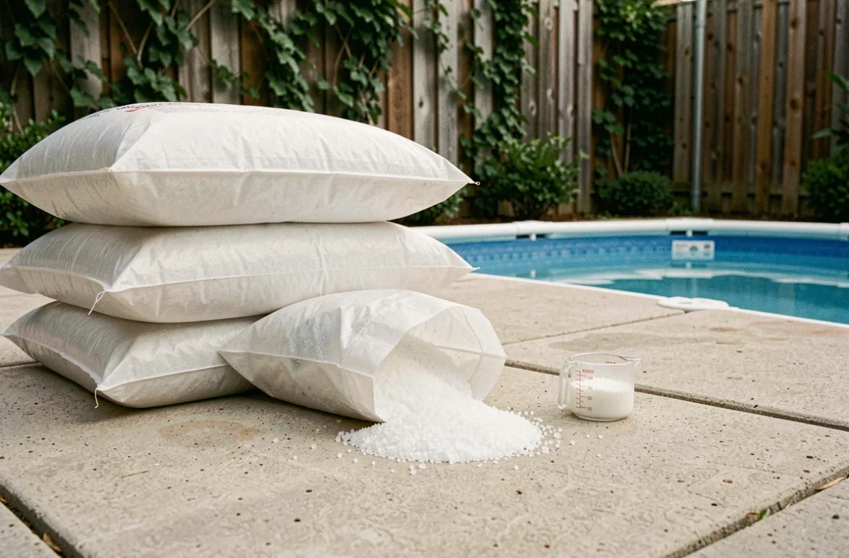 Sacs de sel pour piscine posés près d'un bassin avec des granulés de sel versés sur le sol