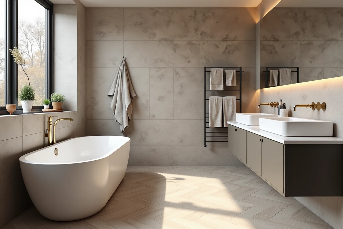 Salle de bain familiale de 7m² avec baignoire îlot, double vasque et carrelage effet pierre