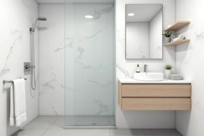 Petite salle de bain moderne rénovée avec des plaques PVC effet marbre blanc, meuble vasque en chêne mat et douche à l'italienne avec carrelage gris grand format