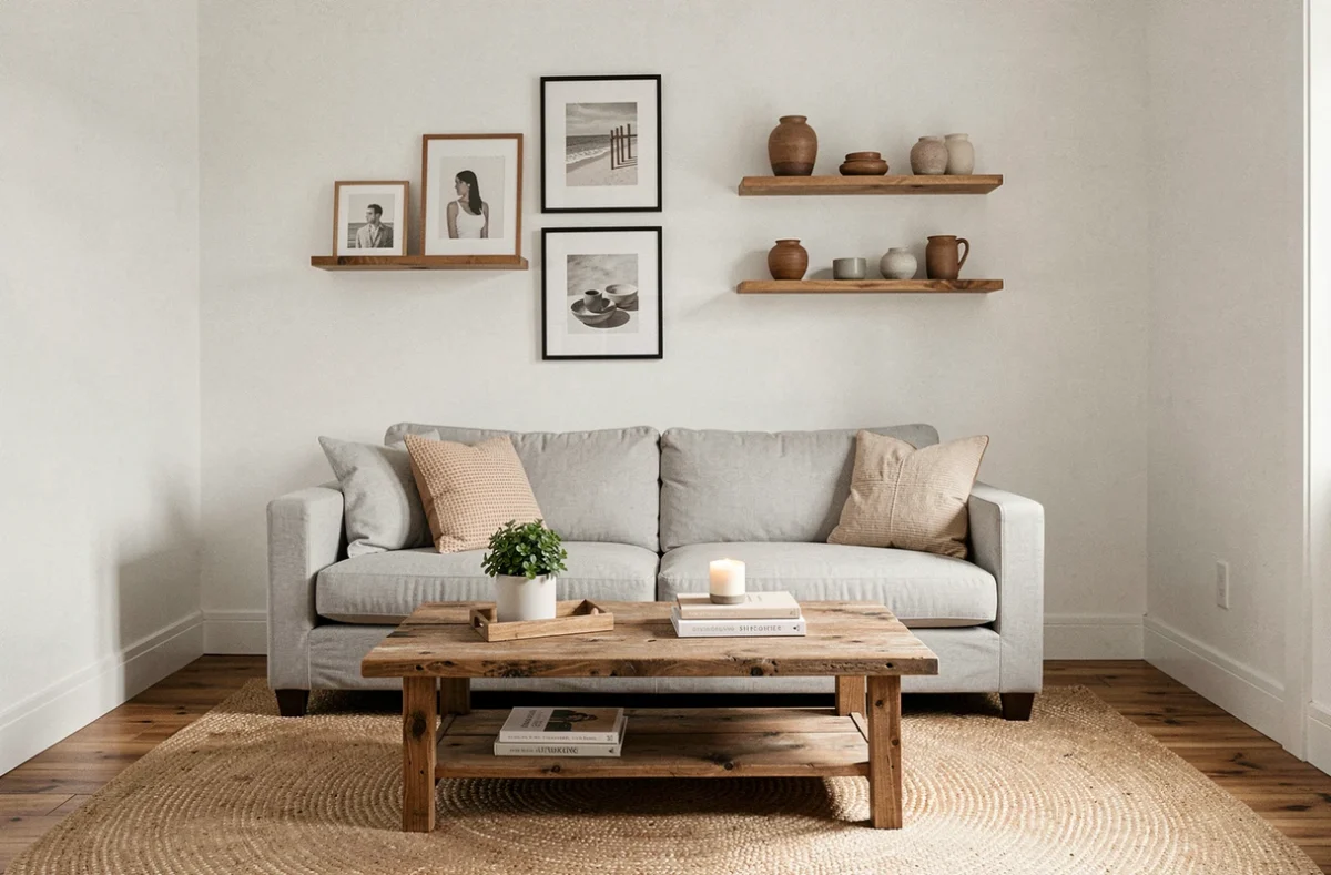 Salon décoré avec élégance et sobriété illustrant un aménagement intérieur réussi avec un petit budget