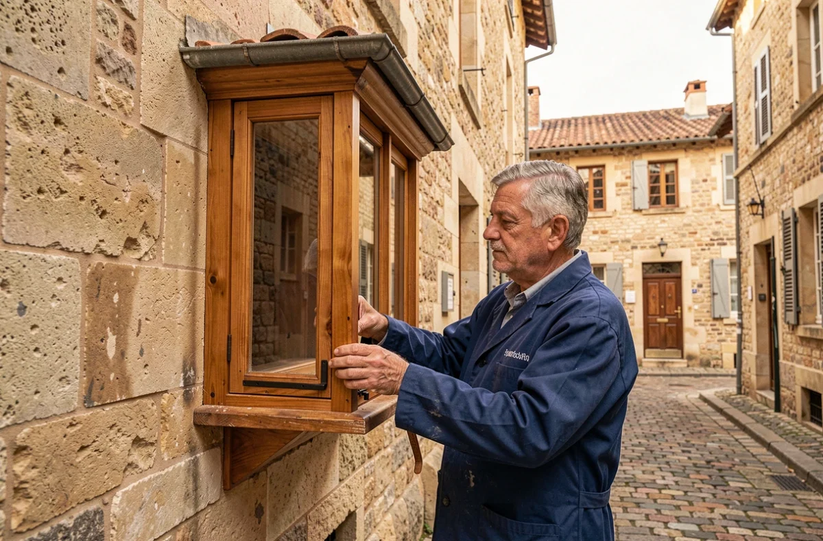 Artisan de Sarl De Nadai installant une fenêtre en bois sur mesure dans la façade en pierre d'une maison de ville historique à Toulouse