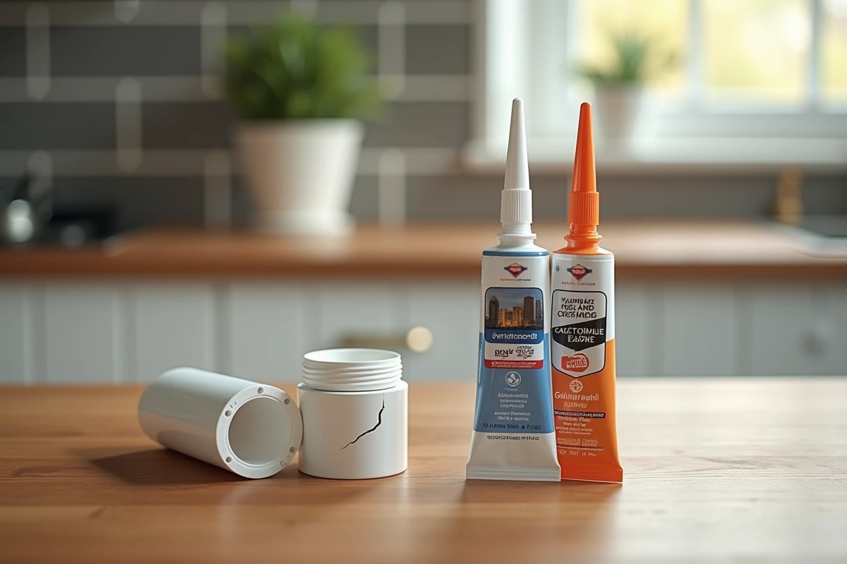Sélection de colles pour plastique posées sur une table avec des pièces en PVC réparées