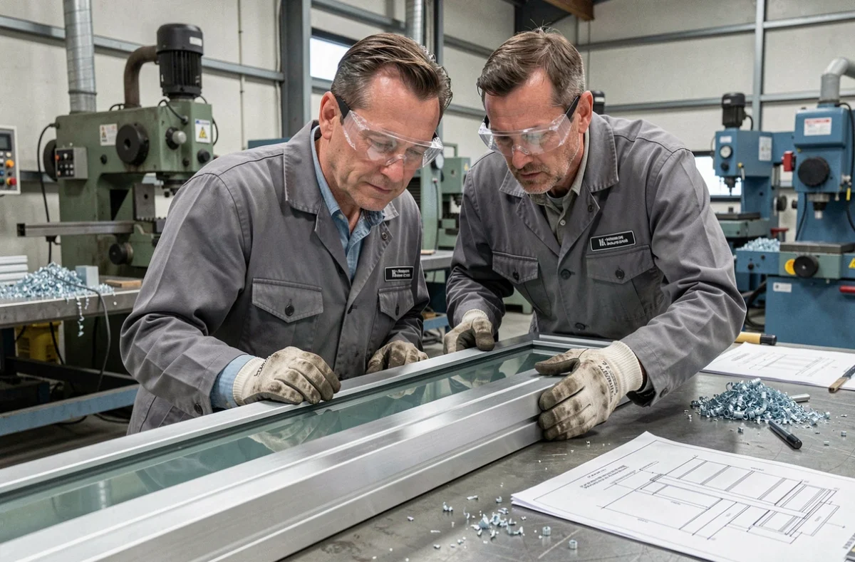 Spécialiste de Sodimetal inspectant un profilé aluminium de haute précision pour fenêtre dans un atelier de fabrication métallique industriel