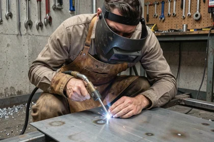 Soudeur professionnel travaillant sur une tôle fine en métal dans un atelier industriel authentique