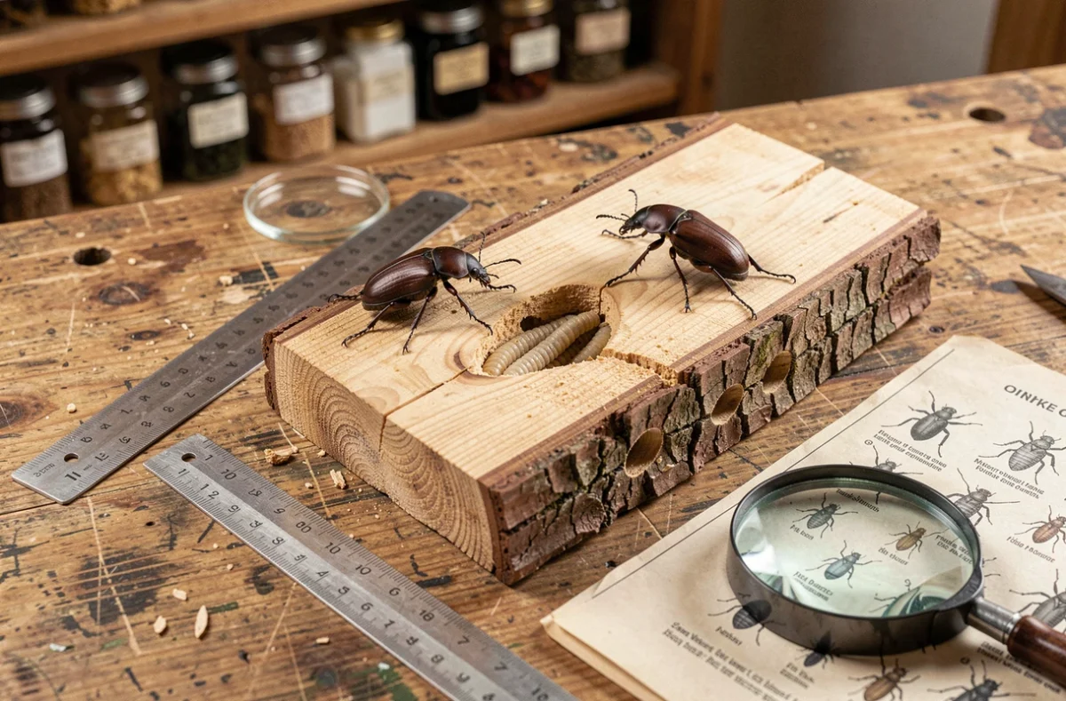Spécimens adultes de capricorne des maisons posés sur une coupe de bois montrant les galeries larvaires et les trous de sortie ovales caractéristiques