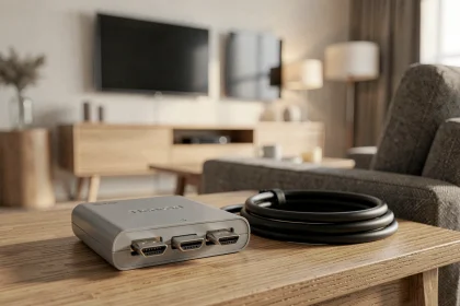 Splitter HDMI compact posé sur un bureau en bois avec deux câbles HDMI, devant deux téléviseurs en arrière-plan dans un salon moderne