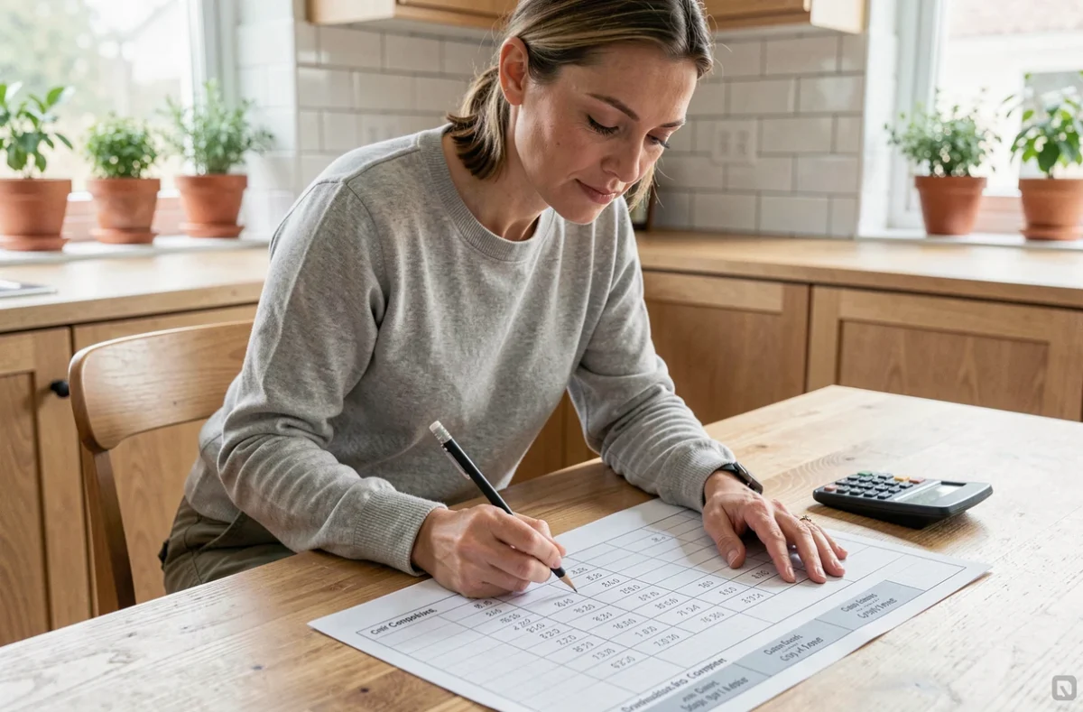 Femme consultant un tableau de conversion de mètres cubes imprimé sur papier graphique avec calculatrice et crayon sur une table en bois