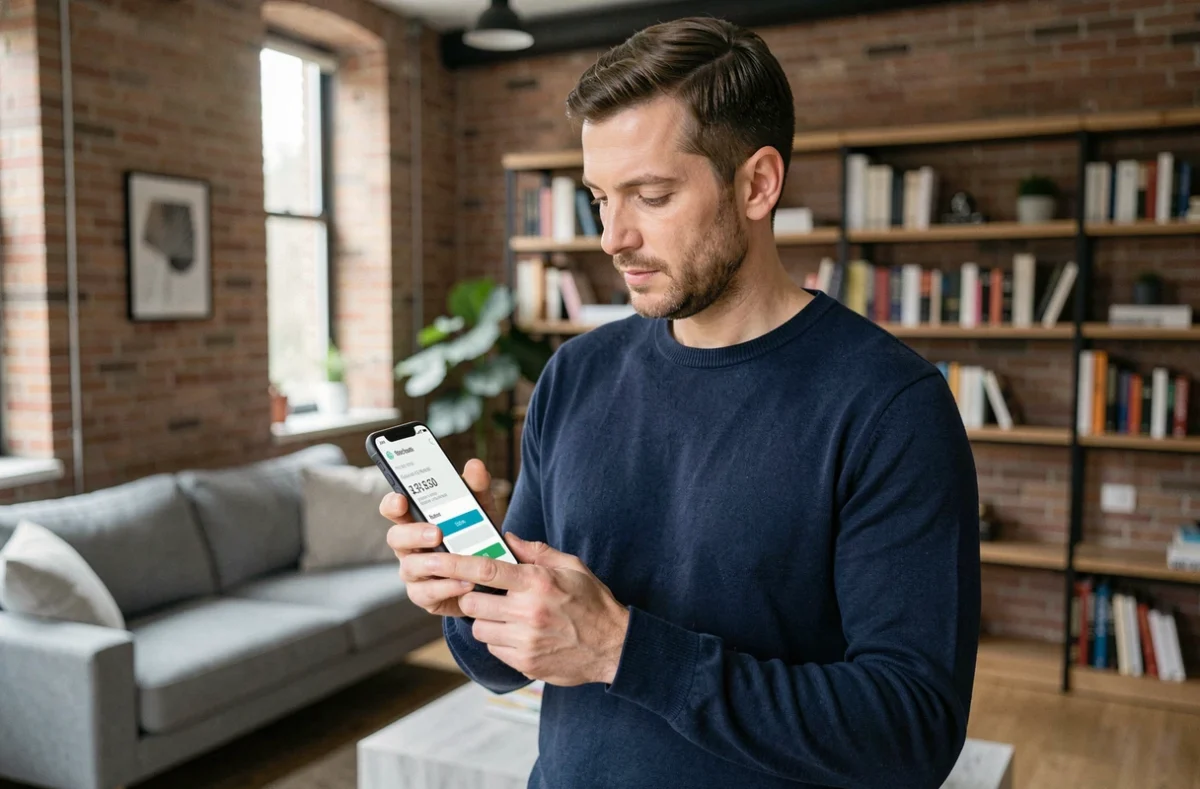 Homme consultant les prix d'une application mobile immobilière sur son smartphone dans un appartement moderne
