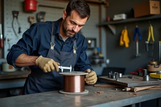 Technicien inspectant une bobine de fil fourré Parkside avec un pied à coulisse dans un atelier de soudure bien équipé