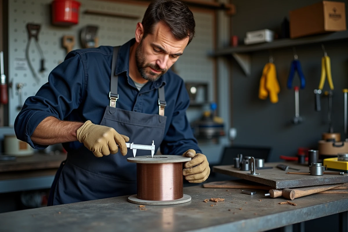 Technicien inspectant une bobine de fil fourré Parkside avec un pied à coulisse dans un atelier de soudure bien équipé
