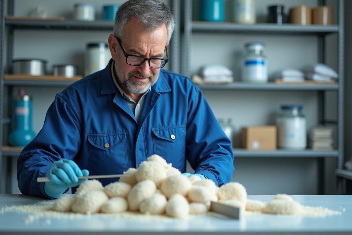 Technicien en overalls bleus mesure des filtres en laboratoire