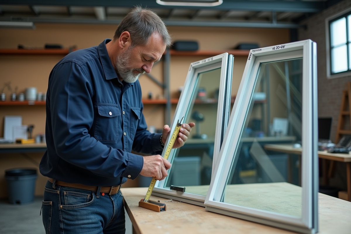 Technicien mesurant des vitres isolantes dans un atelier