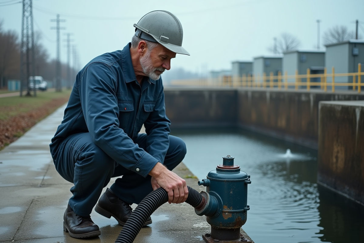 Technicien en overalls navy opérant une pompe à vide près d'un bassin d'eau
