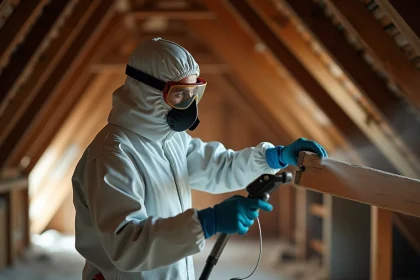 Technicien professionnel appliquant un traitement anti-mites du bois sur des poutres en bois dans un grenier