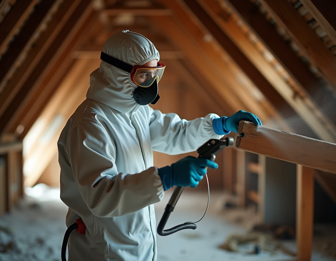 Technicien professionnel appliquant un traitement anti-mites du bois sur des poutres en bois dans un grenier