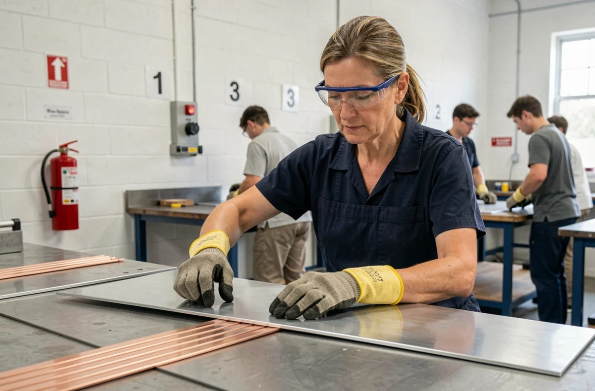 Technicienne en formation positionnant des supports en cuivre pour éviter les trous lors de la soudure sur aluminium fin